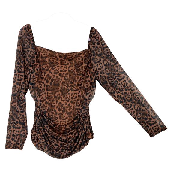 NWOT VENUS Blouse 1X Brown Animal Print Square Neck Ruched Long Sleeve Lined Zip - Picture 2 of 13